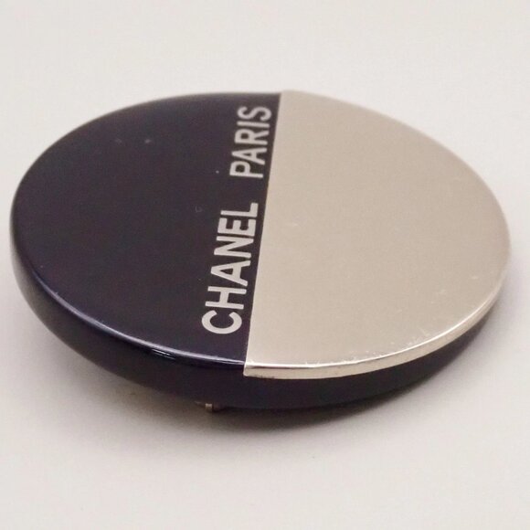 CHANEL Logo Round Bicolor Brooch 00A Metal Plastic Black Silver France 83KA600 - Picture 3 of 16